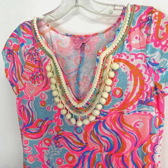 Lilly Pulitzer Pink V-Neck Pom Pom Too Much Bubbly Cotton Harper Shift Dress - Picture 2 of 6